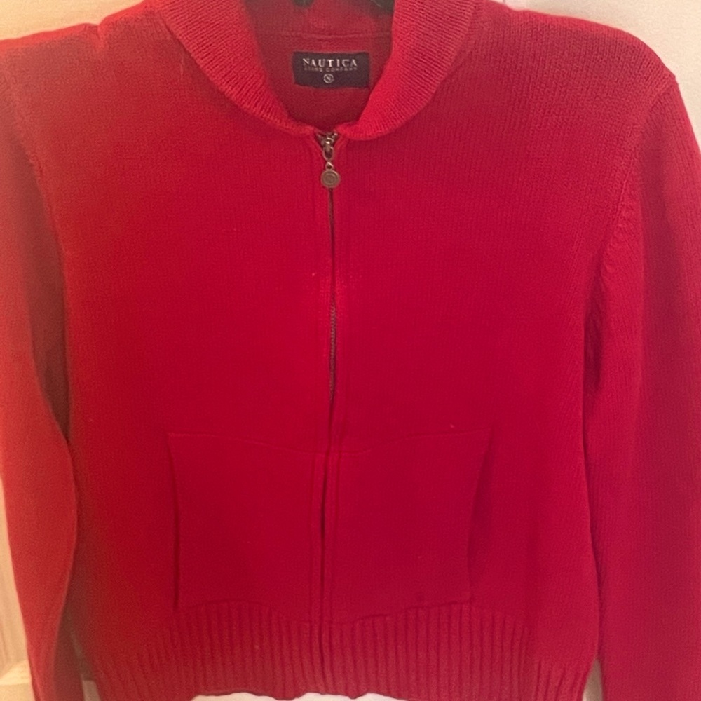 Nautical true red zip front sweater. Shawl collar with cuff at sleeves